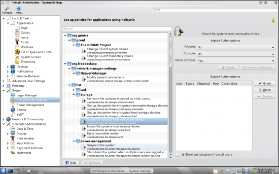 System Settings using the Classic Tree View layout (see LHS pane); fine tuning PolicyKit settings (right)