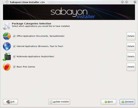 Figure 3: Package categories in Sabayon installer