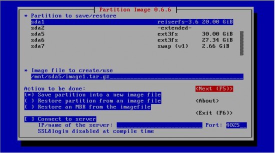 Figure 5: Initial screen of partimage